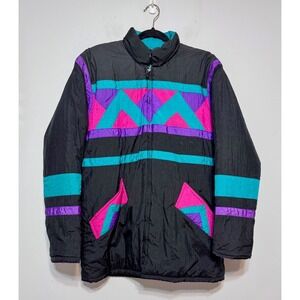 Haband Black Puffer Jacket with Pink and Teal Accents